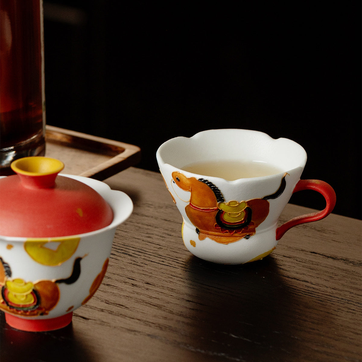 Musta 2.4 oz White Ceramic Tea Cup - Painted Horse - Red Handle