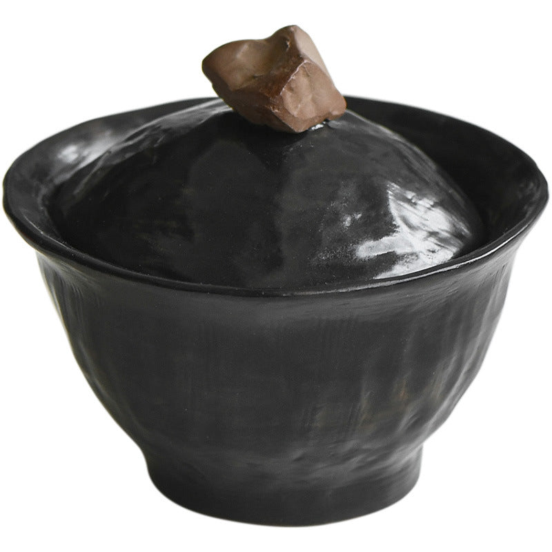 Musta 3.7 oz Black Pottery Gaiwan Tea Bowl with Lid - Handmade