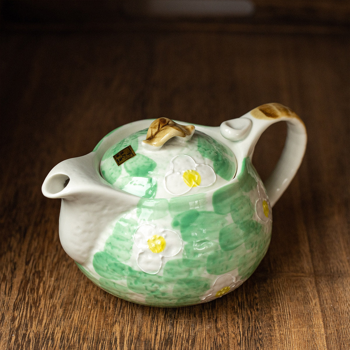 Musta 16 oz Green Ceramic Teapot with Infuser - Hand Painted Floral