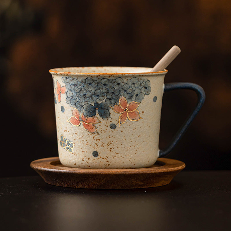 Musta 6.2 oz Beige Ceramic Coffee Mug - Hydrangea Floral Dark Handle