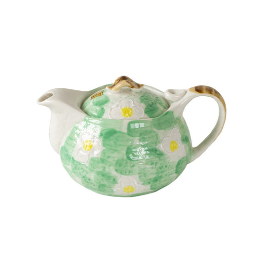 Musta 16 oz Green Ceramic Teapot with Infuser - Hand Painted Floral