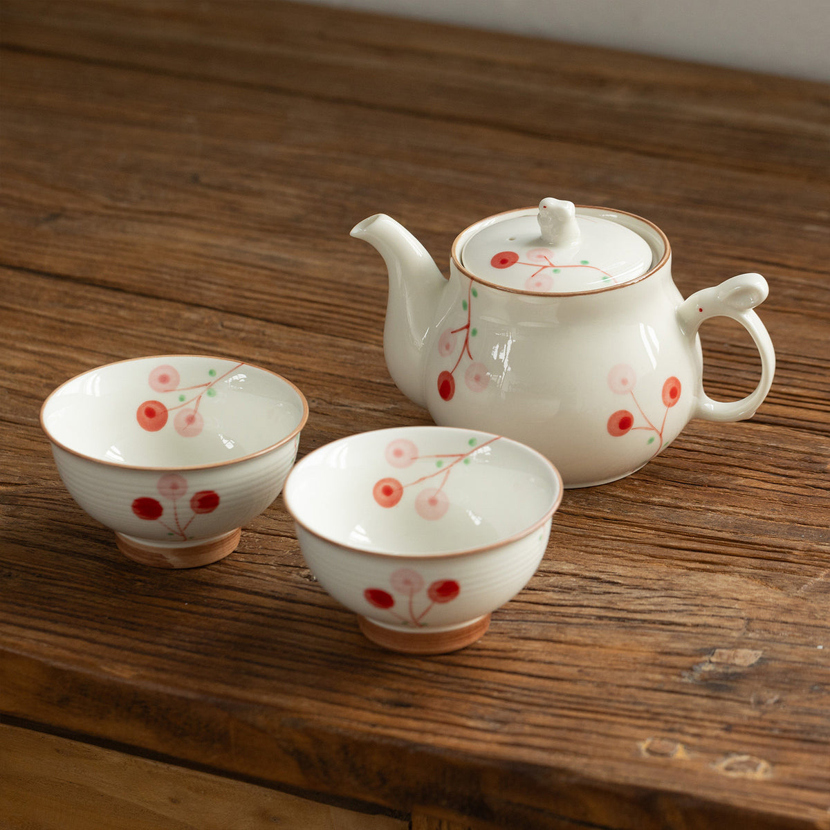 Musta 13.5 oz White Ceramic Teapot with Lid - Hand Painted Red Fruit