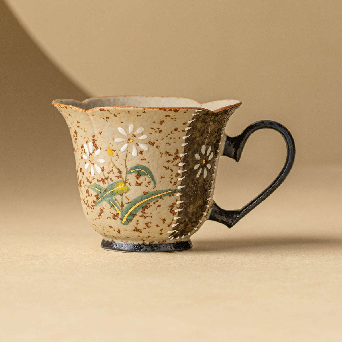 Musta 2.8 oz Beige Ceramic Tea Cup - Daisy Floral Heart Handle