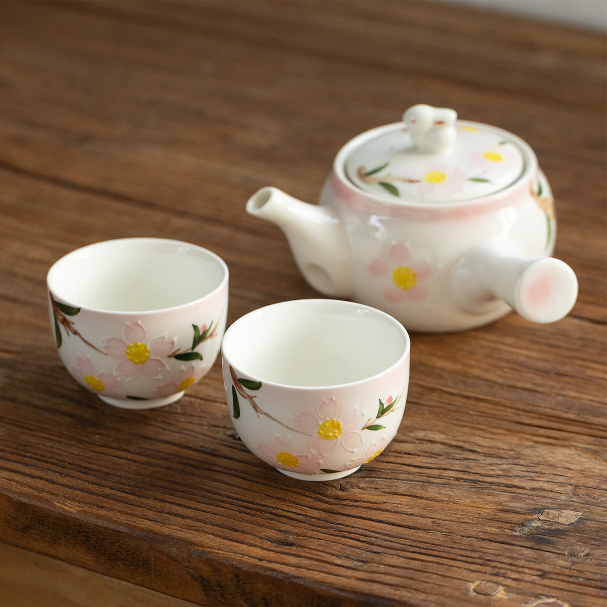 Musta 13.5 oz White Porcelain Tea Set - Sakura Rabbit Teapot with 2 Cups