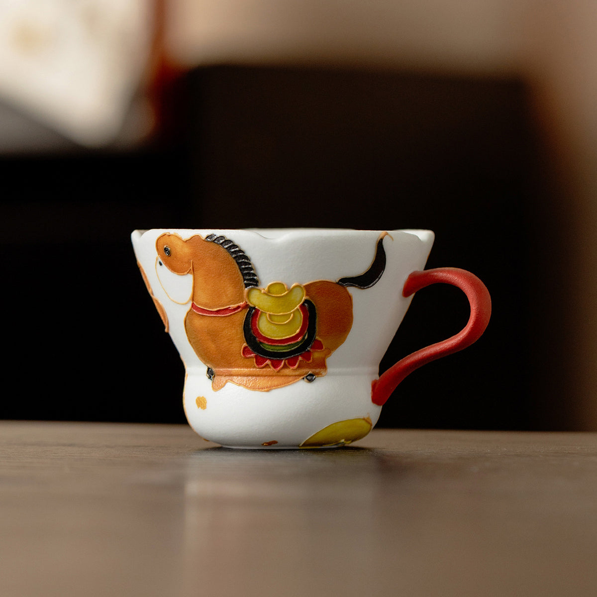 Musta 2.4 oz White Ceramic Tea Cup - Painted Horse - Red Handle