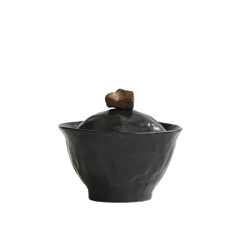 Musta 3.7 oz Black Pottery Gaiwan Tea Bowl with Lid - Handmade