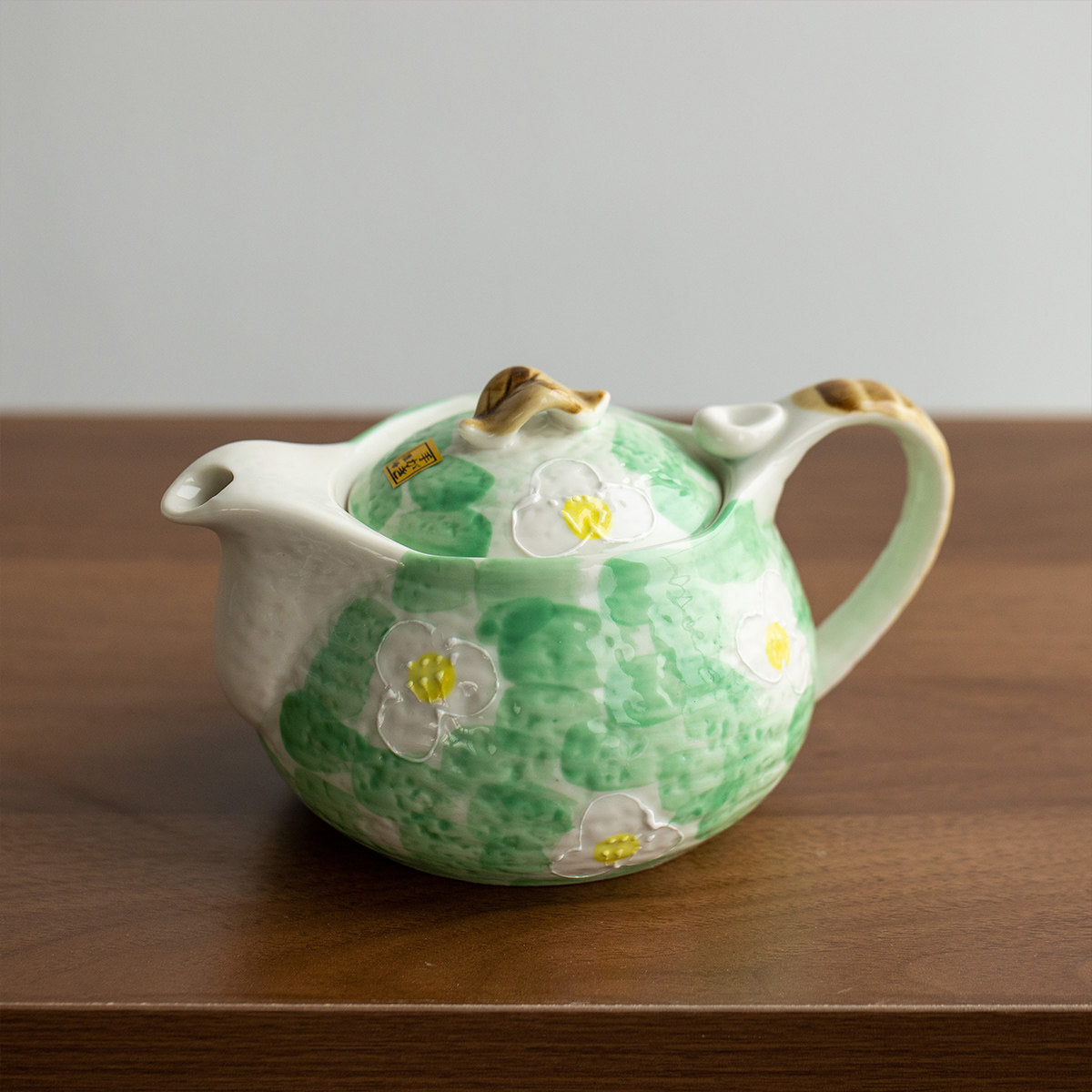 Musta 16 oz Green Ceramic Teapot with Infuser - Hand Painted Floral