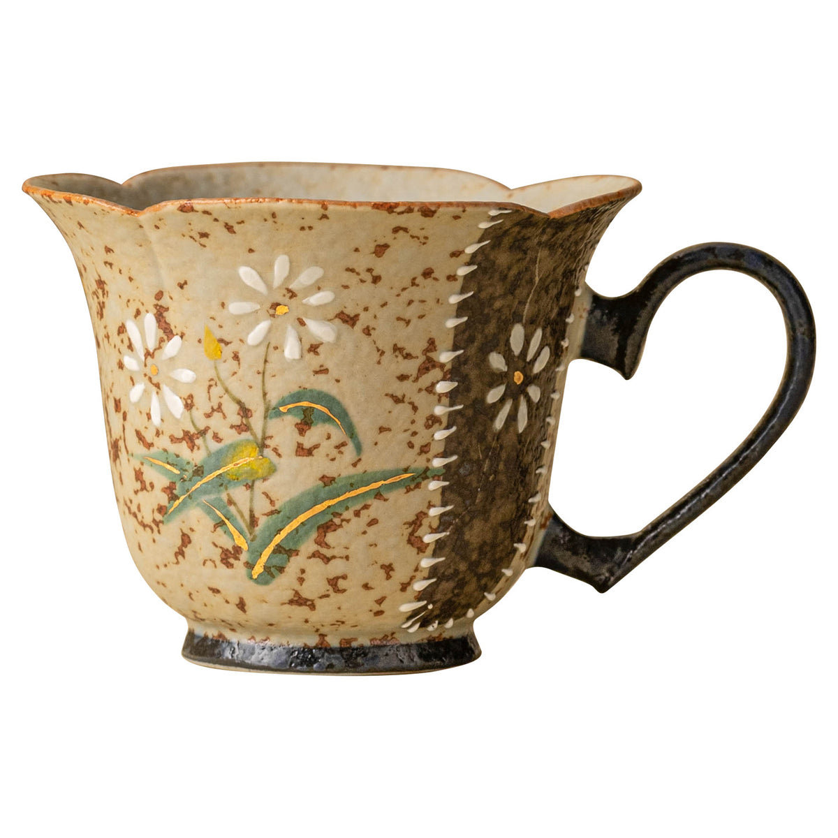 Musta 2.8 oz Beige Ceramic Tea Cup - Daisy Floral Heart Handle