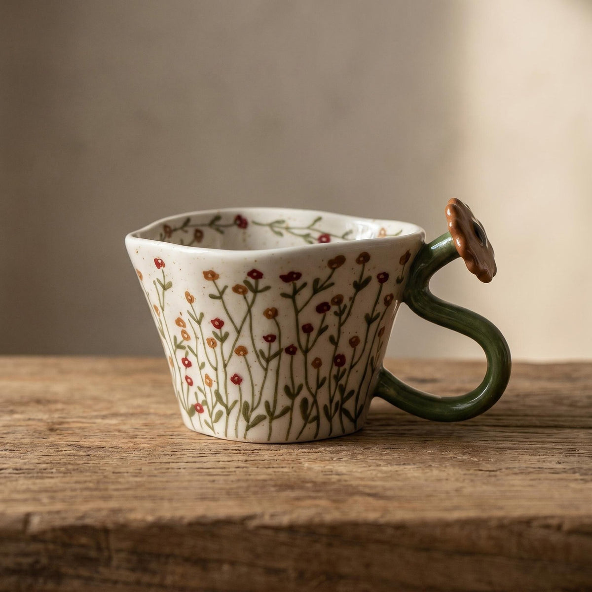 Musta 12 oz Ivory Ceramic Coffee Mug - 3D Yellow Flower Handle