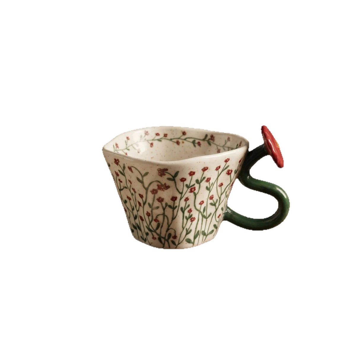Musta 12 oz Ivory Ceramic Coffee Mug - 3D Red Flower Handle