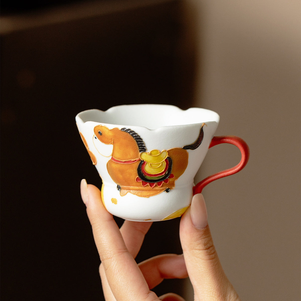 Musta 2.4 oz White Ceramic Tea Cup - Painted Horse - Red Handle