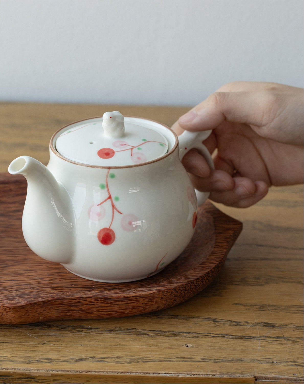 Musta 13.5 oz White Ceramic Teapot with Lid - Hand Painted Red Fruit