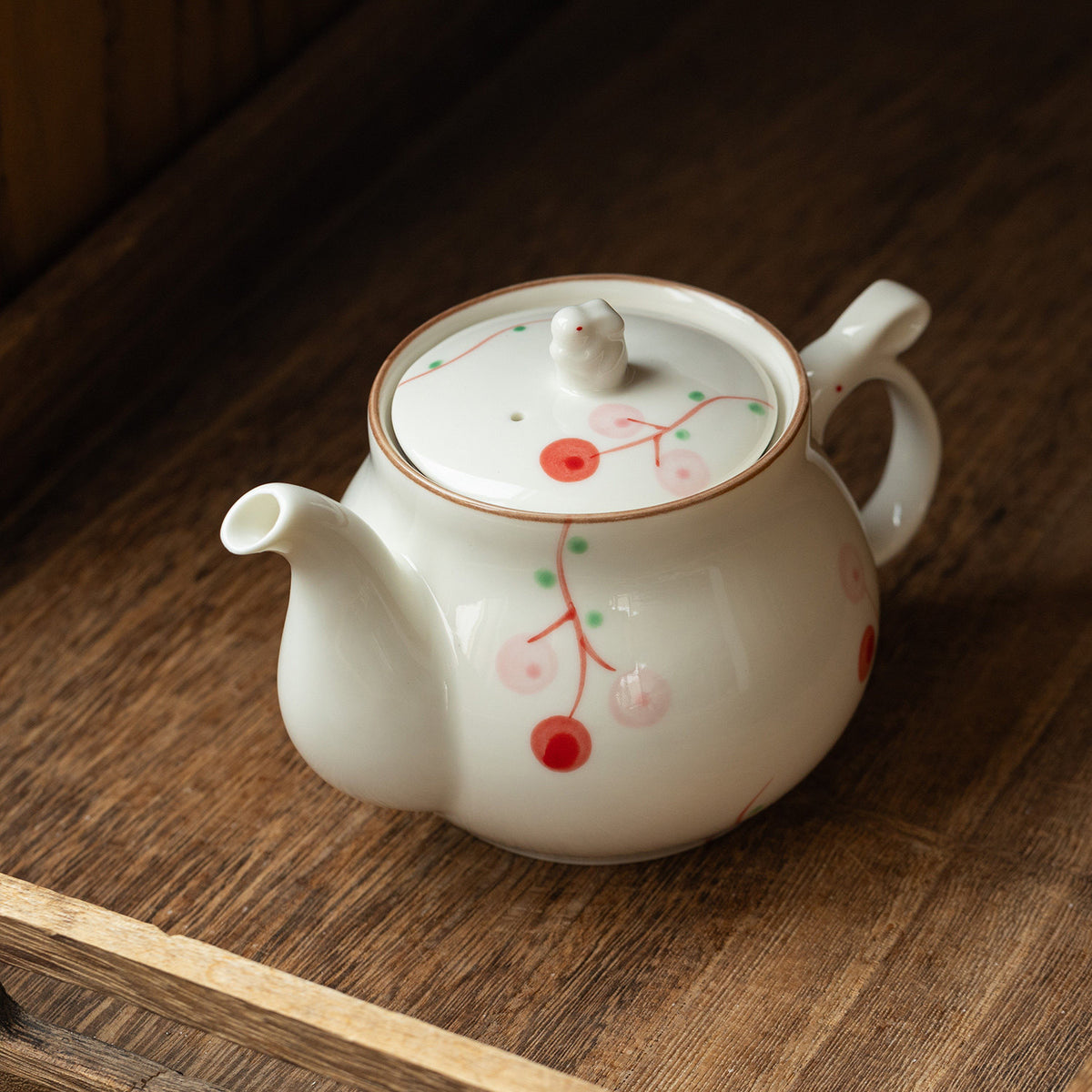 Musta 13.5 oz White Ceramic Teapot with Lid - Hand Painted Red Fruit