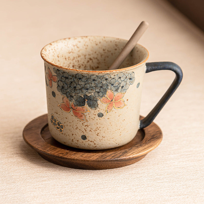 Musta 6.2 oz Beige Ceramic Coffee Mug - Hydrangea Floral Dark Handle