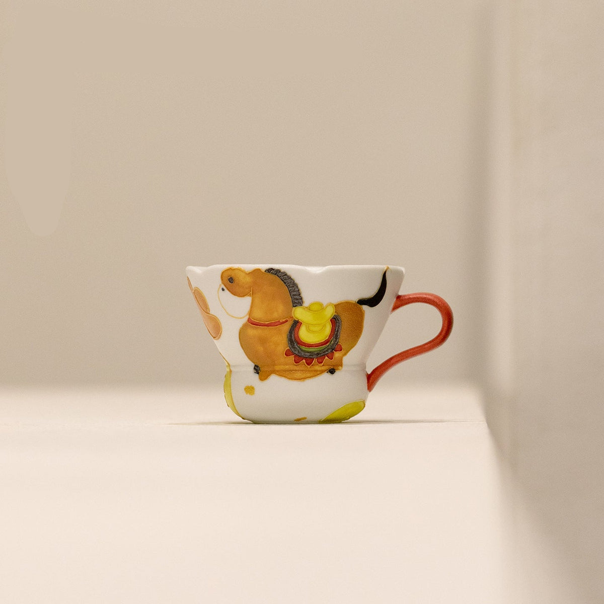 Musta 2.4 oz White Ceramic Tea Cup - Painted Horse - Red Handle