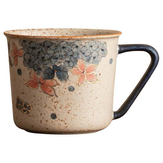 Musta 6.2 oz Beige Ceramic Coffee Mug - Hydrangea Floral Dark Handle