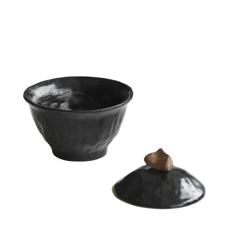 Musta 3.7 oz Black Pottery Gaiwan Tea Bowl with Lid - Handmade
