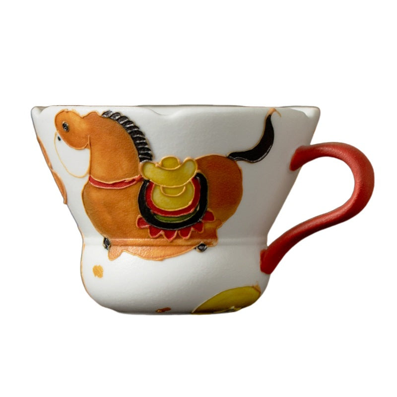 Musta 2.4 oz White Ceramic Tea Cup - Painted Horse - Red Handle