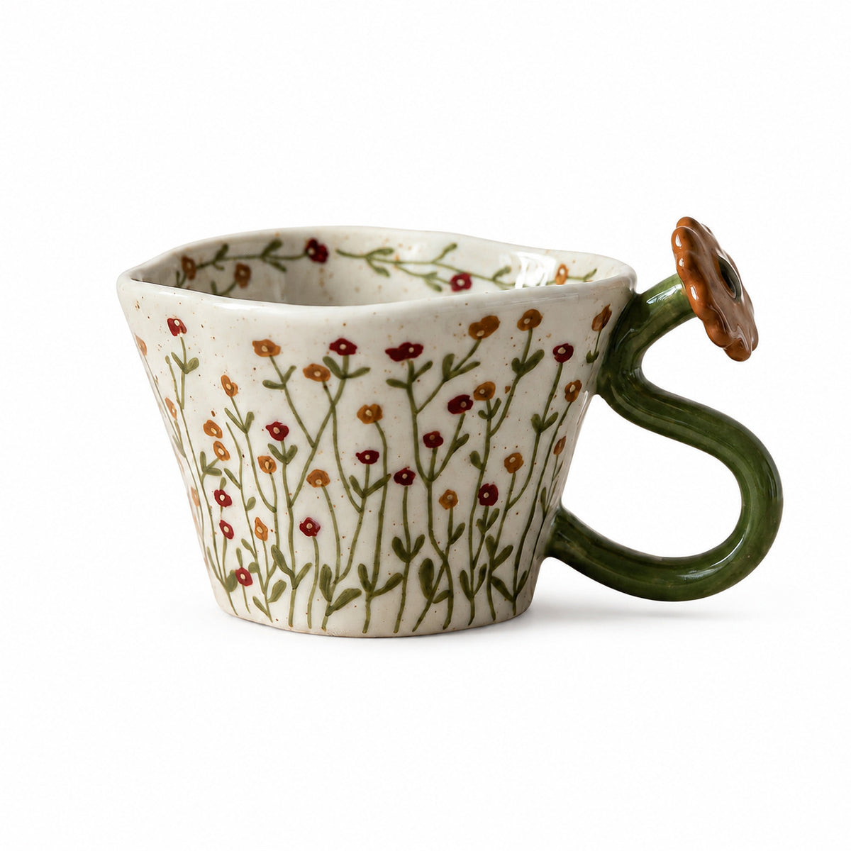 Musta 12 oz Ivory Ceramic Coffee Mug - 3D Yellow Flower Handle