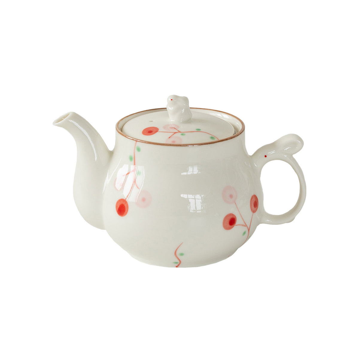Musta 13.5 oz White Ceramic Teapot with Lid - Hand Painted Red Fruit