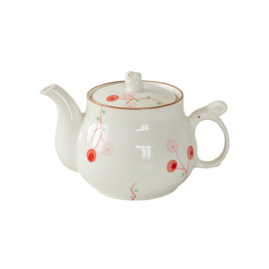 Musta 13.5 oz White Ceramic Teapot with Lid - Hand Painted Red Fruit