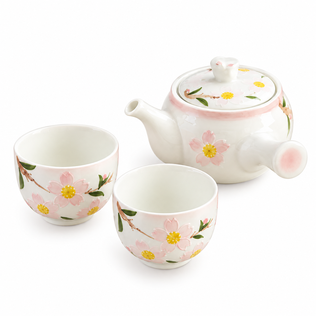 Musta 13.5 oz White Porcelain Tea Set - Sakura Rabbit Teapot with 2 Cups