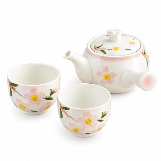Musta 13.5 oz White Porcelain Tea Set - Sakura Rabbit Teapot with 2 Cups