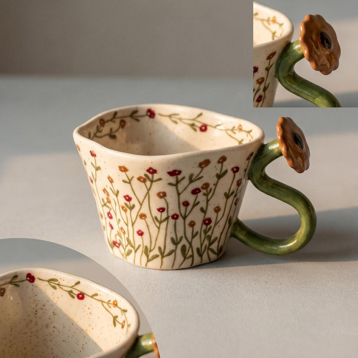 Musta 12 oz Ivory Ceramic Coffee Mug - 3D Yellow Flower Handle