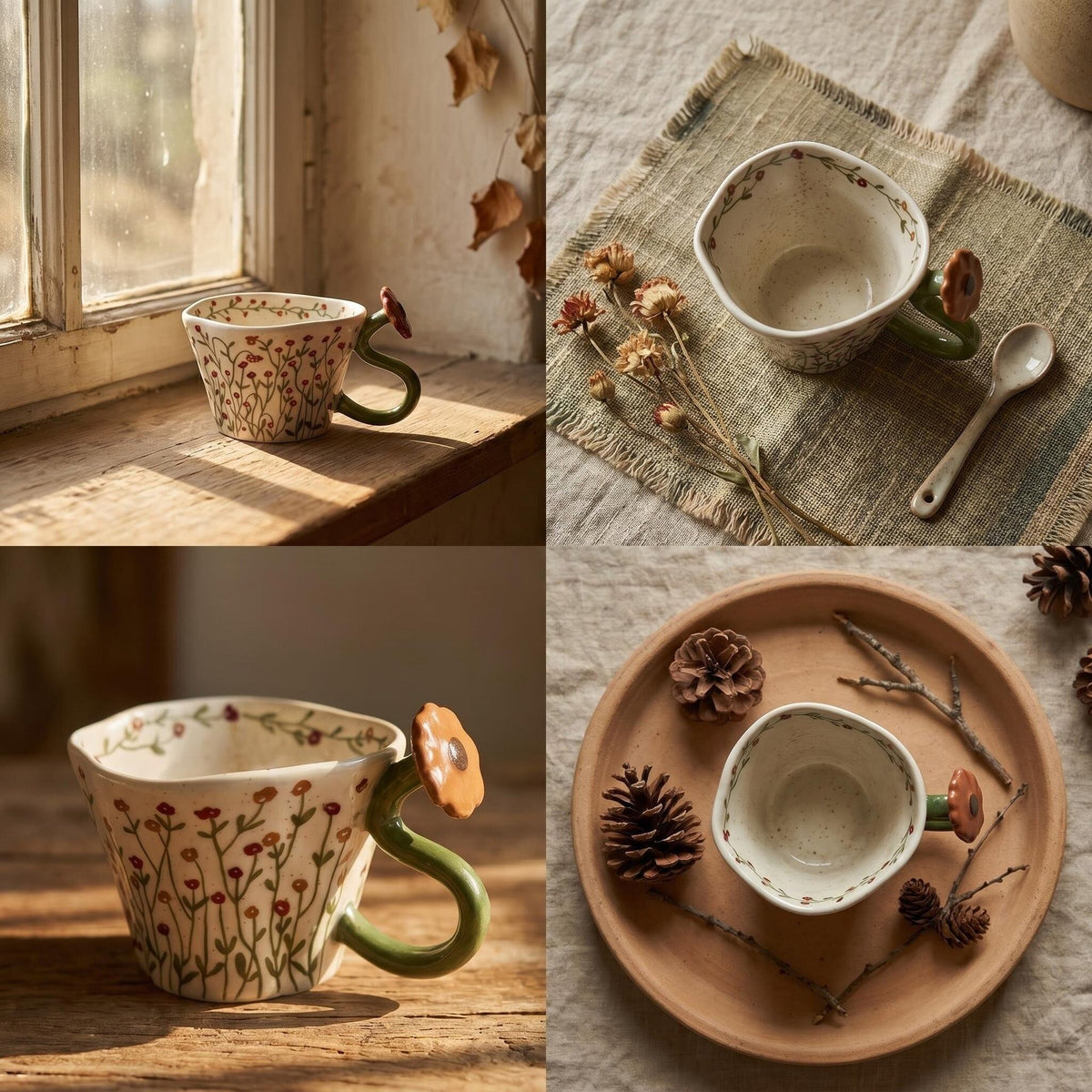 Musta 12 oz Ivory Ceramic Coffee Mug - 3D Yellow Flower Handle